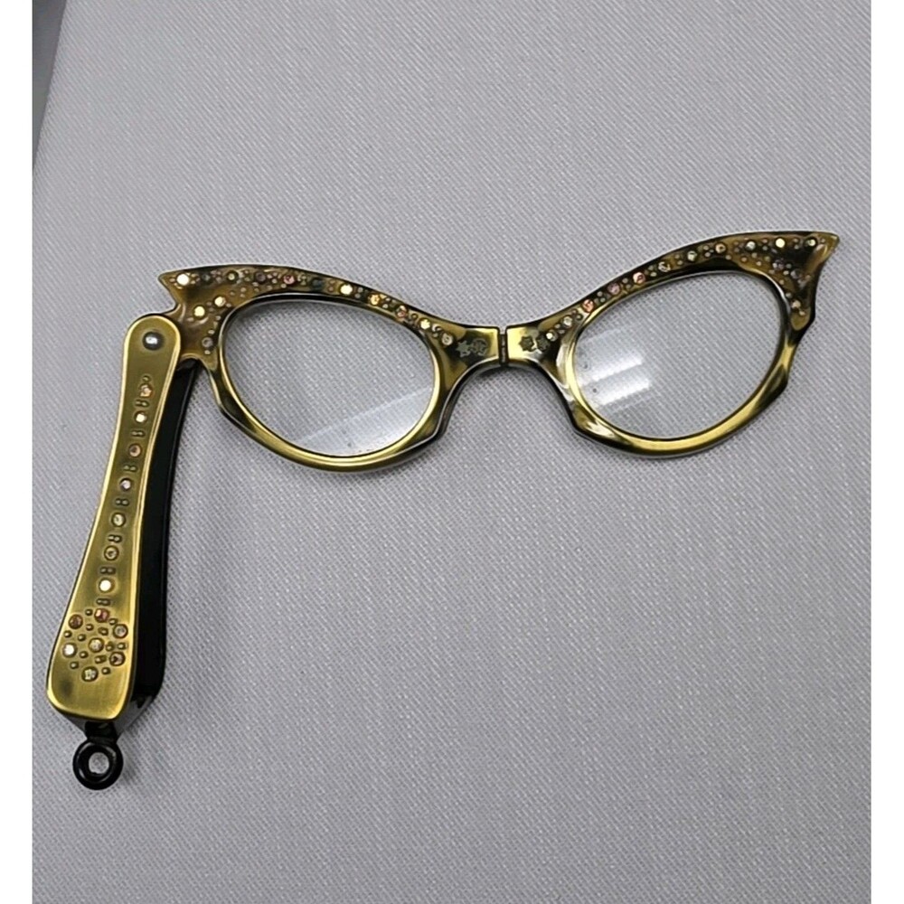 Vintage 50s 60s Folding Cat Eye Lorgnette Glasses AB Rhinestone Lucite MCM Opera